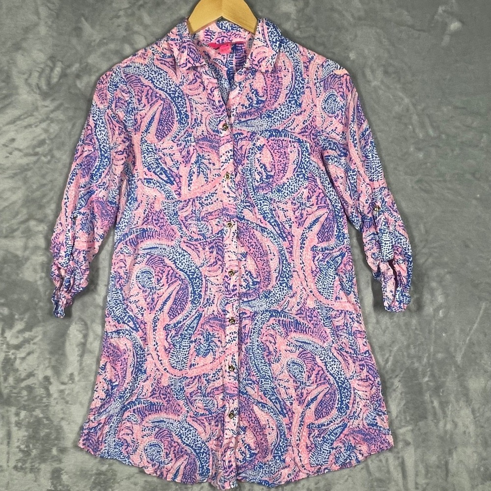 Lilly Pulitzer Elsa Top Pink Blue Abstract Paisley Roll Tab Button Down XXS